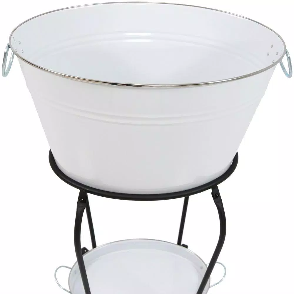 Sunnydaze Decor Sunnydaze 7.5 Gallon White Galvanized Steel Ice Bucket Beverage Holder with Stand and Tray