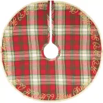 VHC Brands 21 in. HO Holiday Cherry Red Plaid Cotton Christmas Tree Skirt with Gold Embroidery thumbnail 1