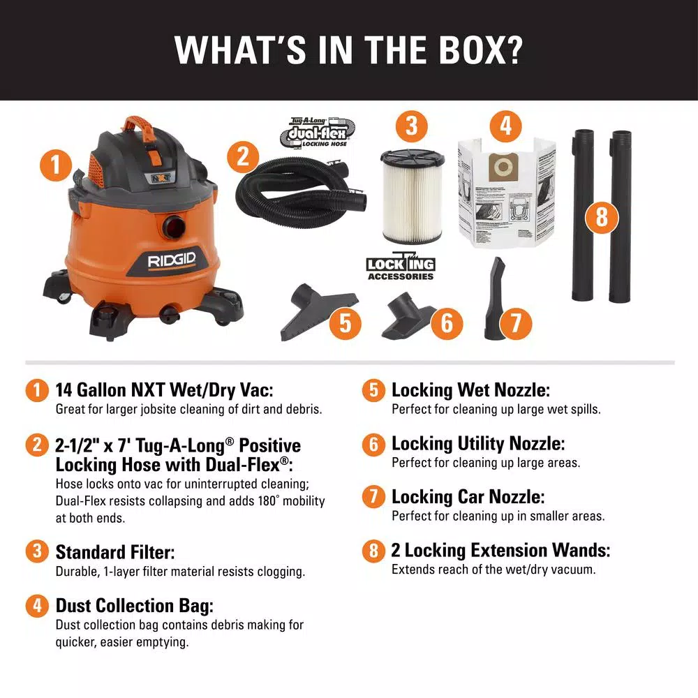 RIDGID 14 Gal. 6.0 Peak HP NXT Wet/Dry Shop Vacuum with 2.5 in. Locking Accessories