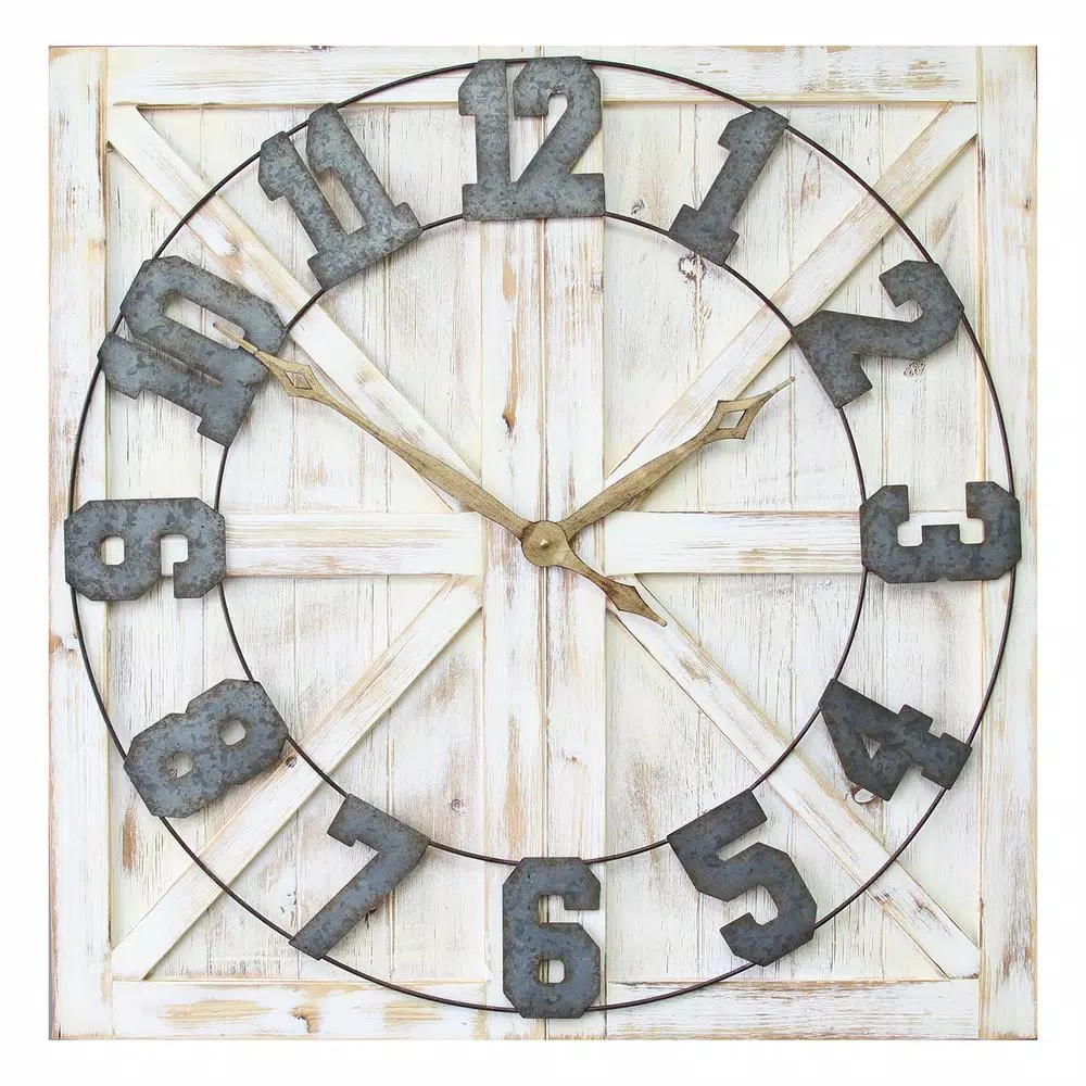 Stratton Home Decor White Rustic Farmhouse Wall Clock, Oversized Wood and Metal Square Design