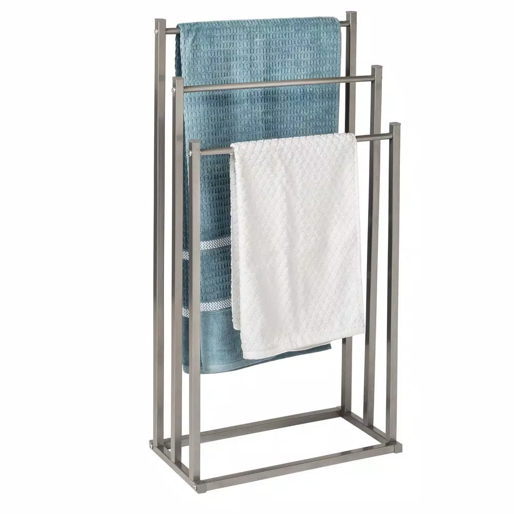 Honey-Can-Do Silver 3-Tier Freestanding Bathroom Towel Rack, Modern Angular Steel Design