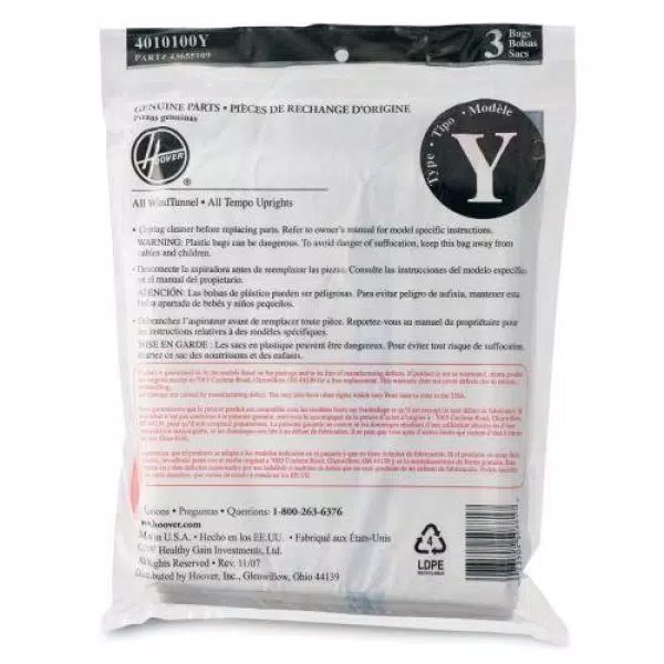 Hoover Type Y Allergen Filtration Vacuum Bags, 3-Pack