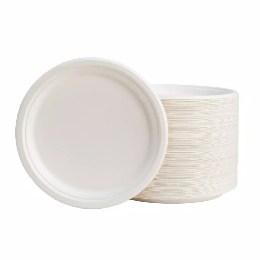 Unbranded 10 in. White Sugarcane Plates, 300 Pack - Eco-Friendly Biodegradable Disposable Plates