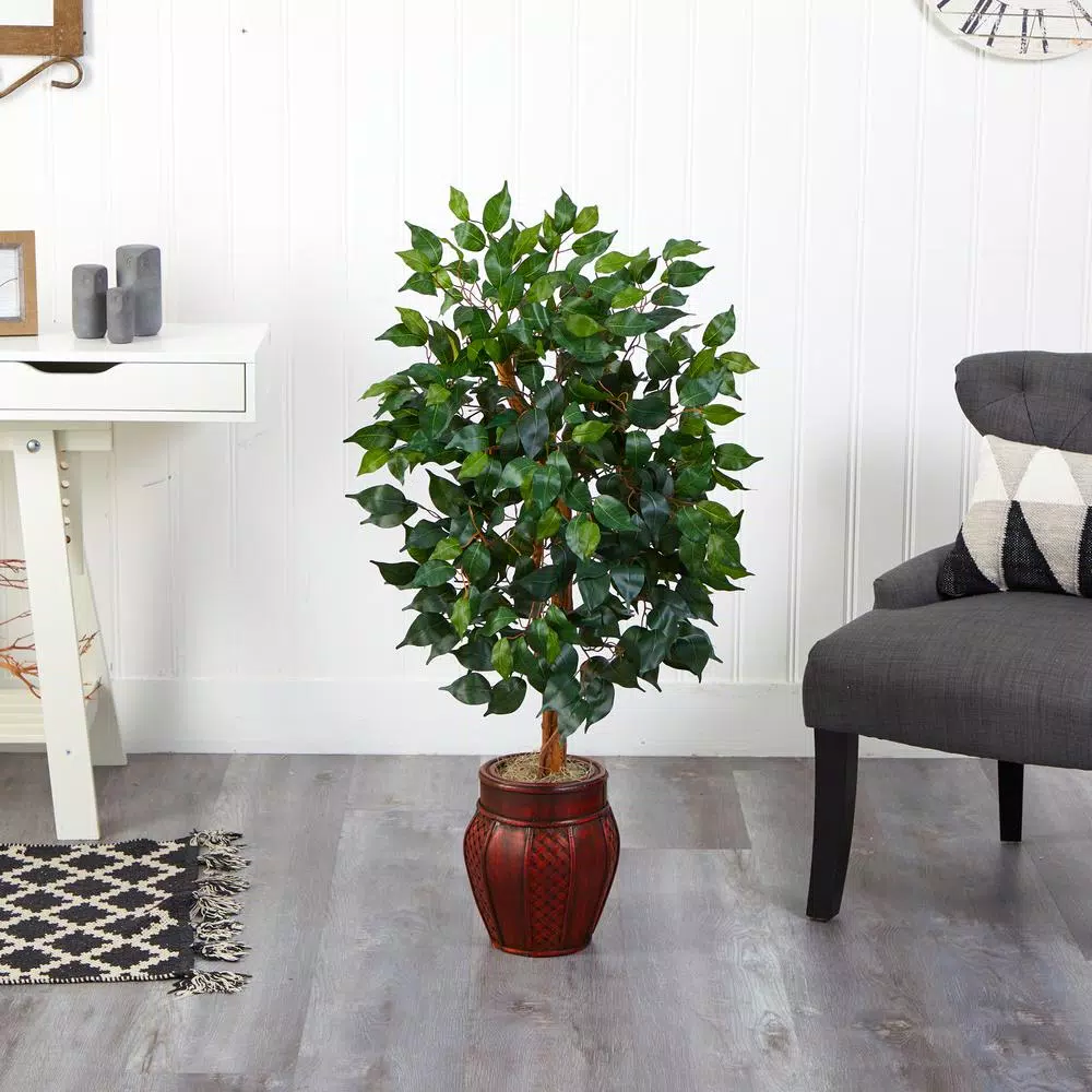Nearly Natural 44 in. Artificial Ficus Tree with Decorative Wicker Planter