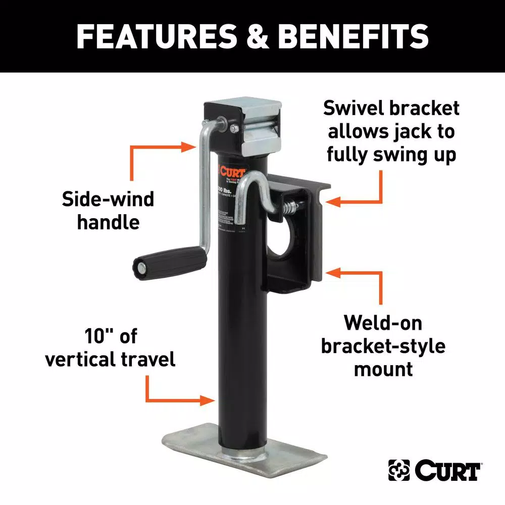 CURT Bracket-Mount Swivel Trailer Jack with Side Handle, 2,000 lbs. Capacity, 10 in. Travel