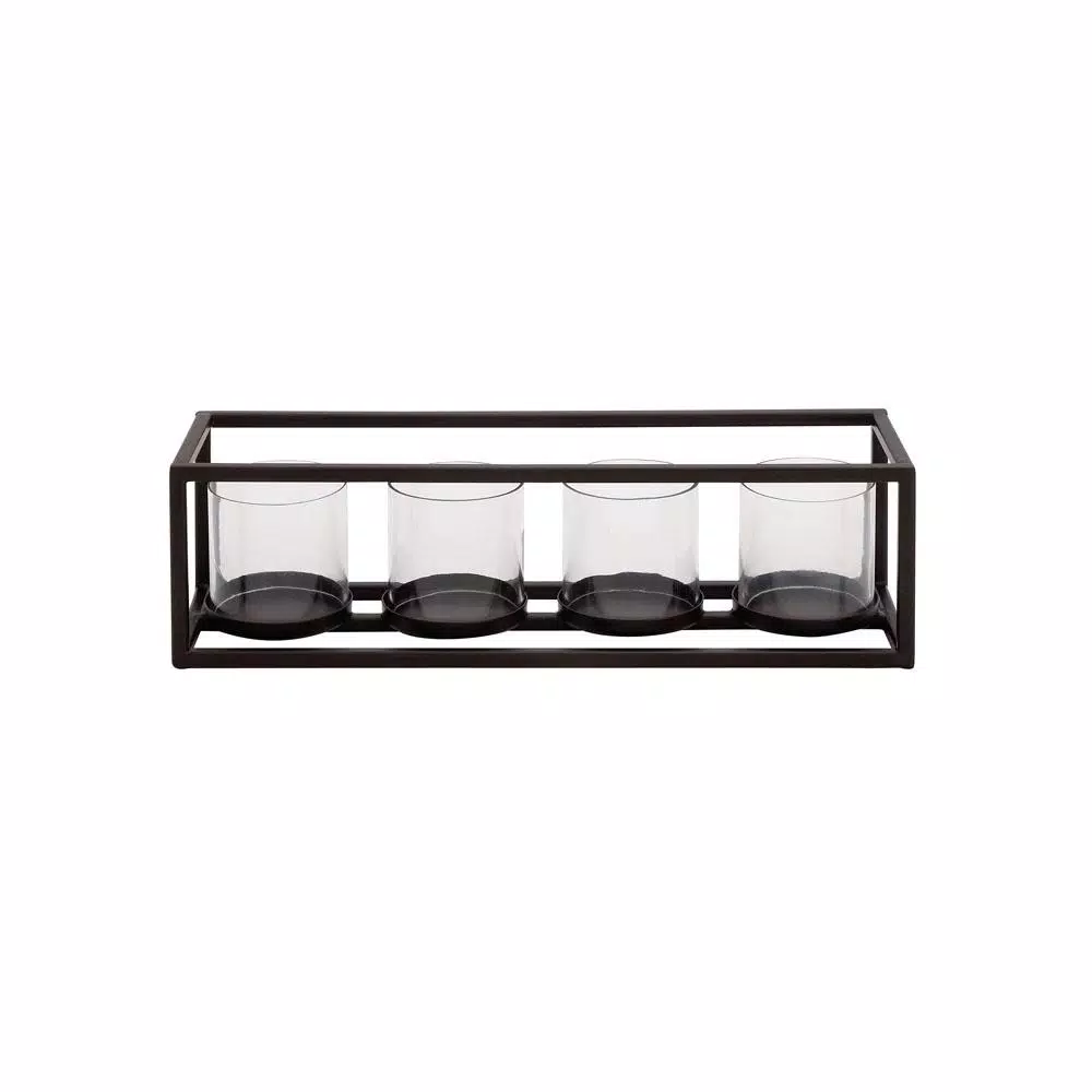 LITTON LANE 5 in. Black Iron and Clear Glass 4-Pedestal Rectangular Votive Candle Holder