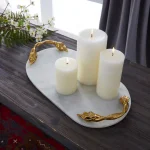 LITTON LANE 20 in. White Marble Oval Decorative Tray with Gold Leaf and Vine Aluminum Handles thumbnail 6
