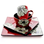 Elama Winter Bloom 16-Piece Red Stoneware Dinnerware Set, Asian Inspired Square Design, Service for 4 thumbnail 4