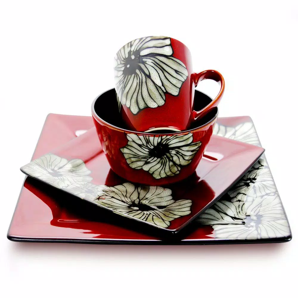 Elama Winter Bloom 16-Piece Red Stoneware Dinnerware Set, Asian Inspired Square Design, Service for 4