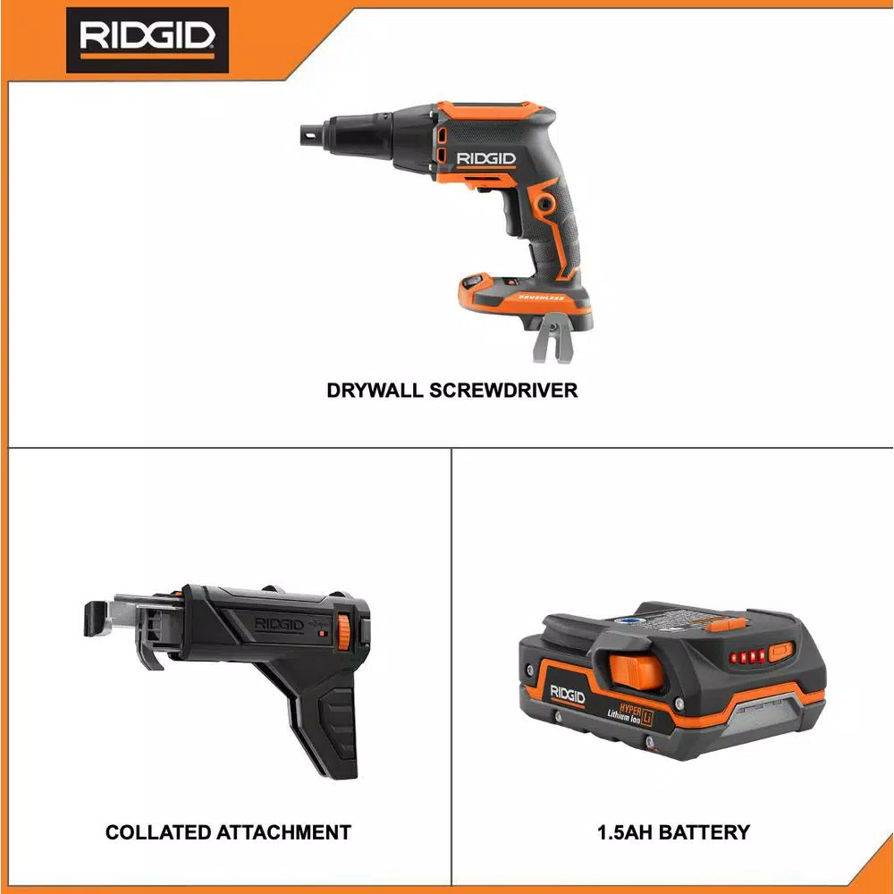 RIDGID 18V Cordless Brushless Drywall Screwdriver Kit with Collated Attachment and 1.5 Ah Battery