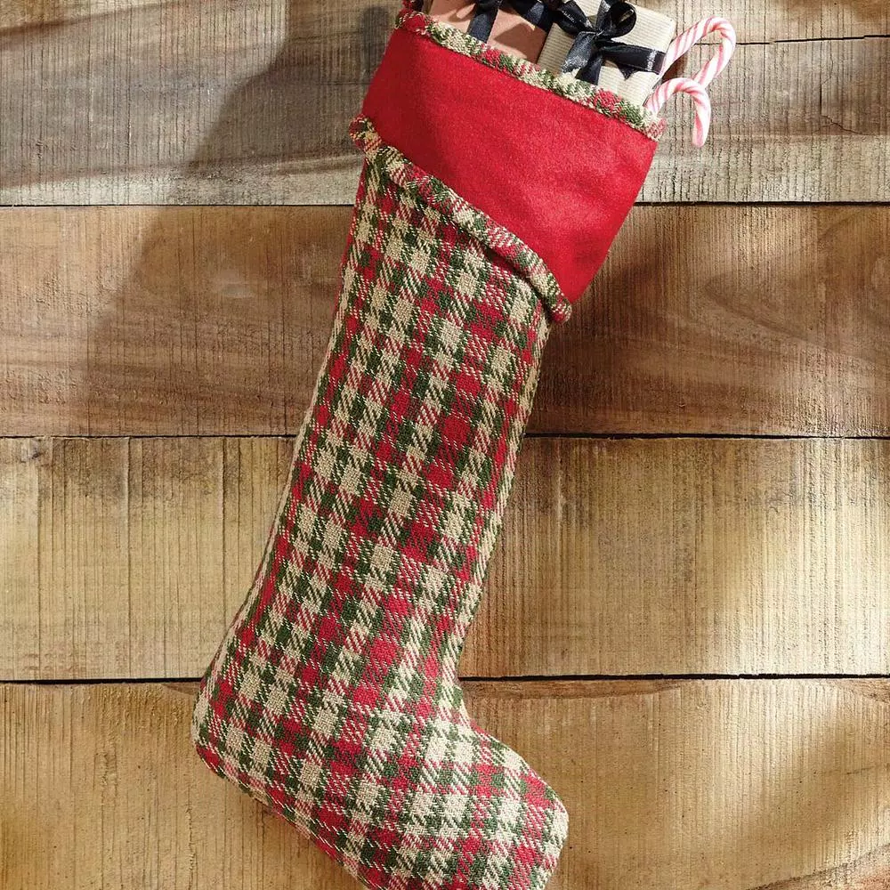 VHC Brands Claren 20 in. Rustic Plaid Christmas Stocking - Cherry Red, Green, and Tan with Gold Thread