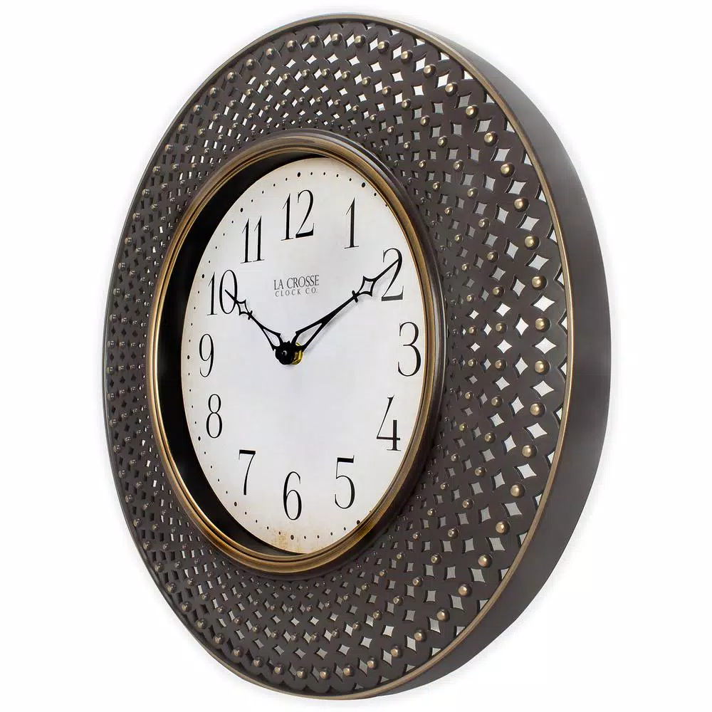 La Crosse Technology 16 in. Antiqued Brown Lattice Round Analog Wall Clock with Quartz Movement