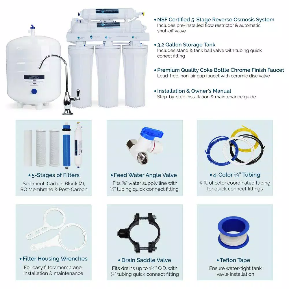 Olympia Water Systems 5-Stage Under-Sink Reverse Osmosis Water Filtration System with Chrome Coke Bottle Faucet, 50 GPD