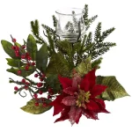 Nearly Natural Poinsettia and Pine Candelabrum Centerpiece - 25 in. Artificial Holiday Arrangement thumbnail 1