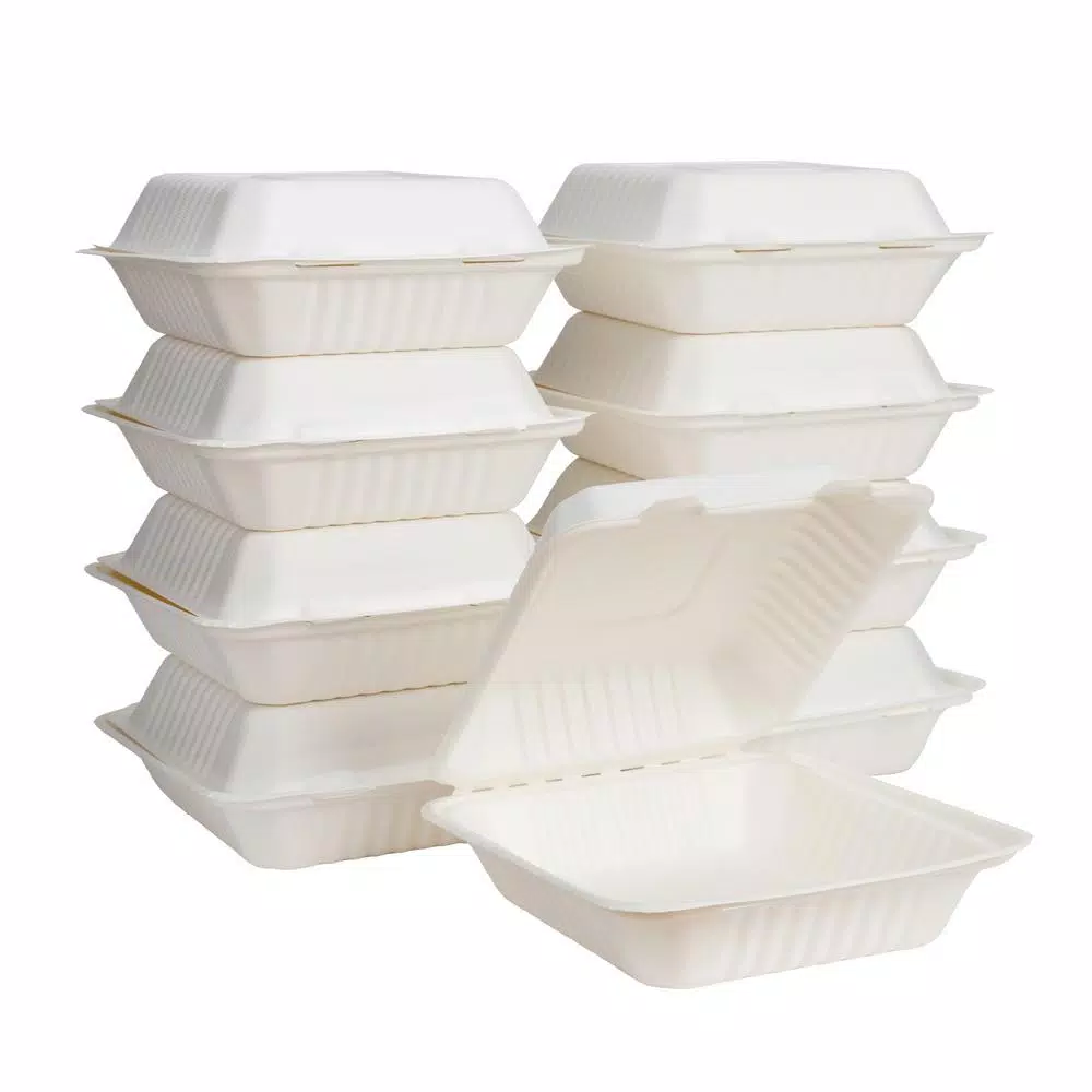 Unbranded 9 in. White Sugarcane Clamshell Containers, 300 Pack - Eco-Friendly & Compostable
