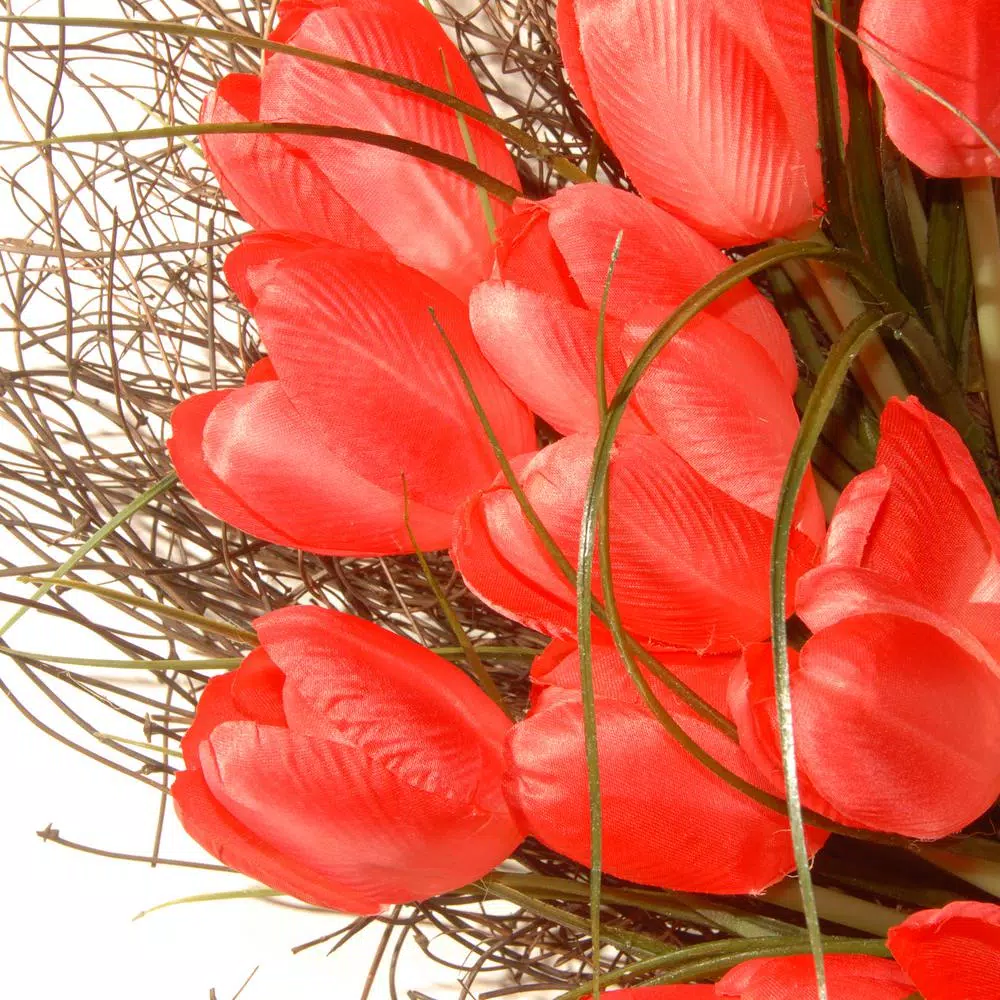 National Tree Company 24 in. Red Tulip Floral Wreath - Rustic Fabric Flower Wreath for Indoor and Covered Outdoor Decor