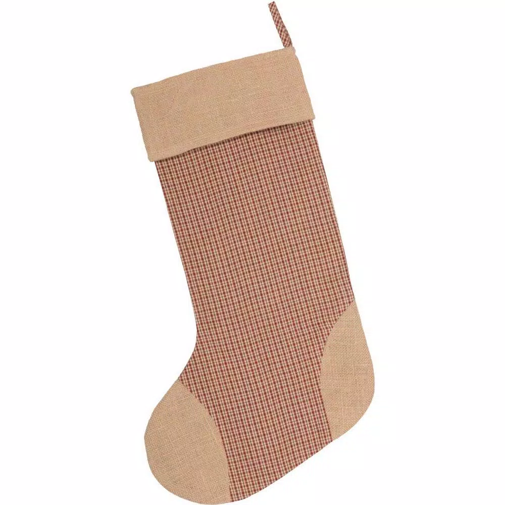 VHC Brands 20 in. Clement Red Black and Tan Plaid Christmas Stocking with Natural Jute Burlap