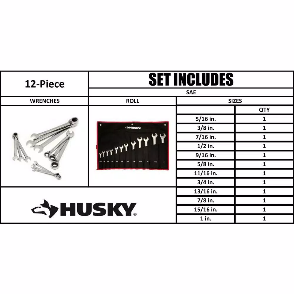Husky Master SAE Reversible Ratcheting Wrench Set, 12-Piece, Chrome Finish