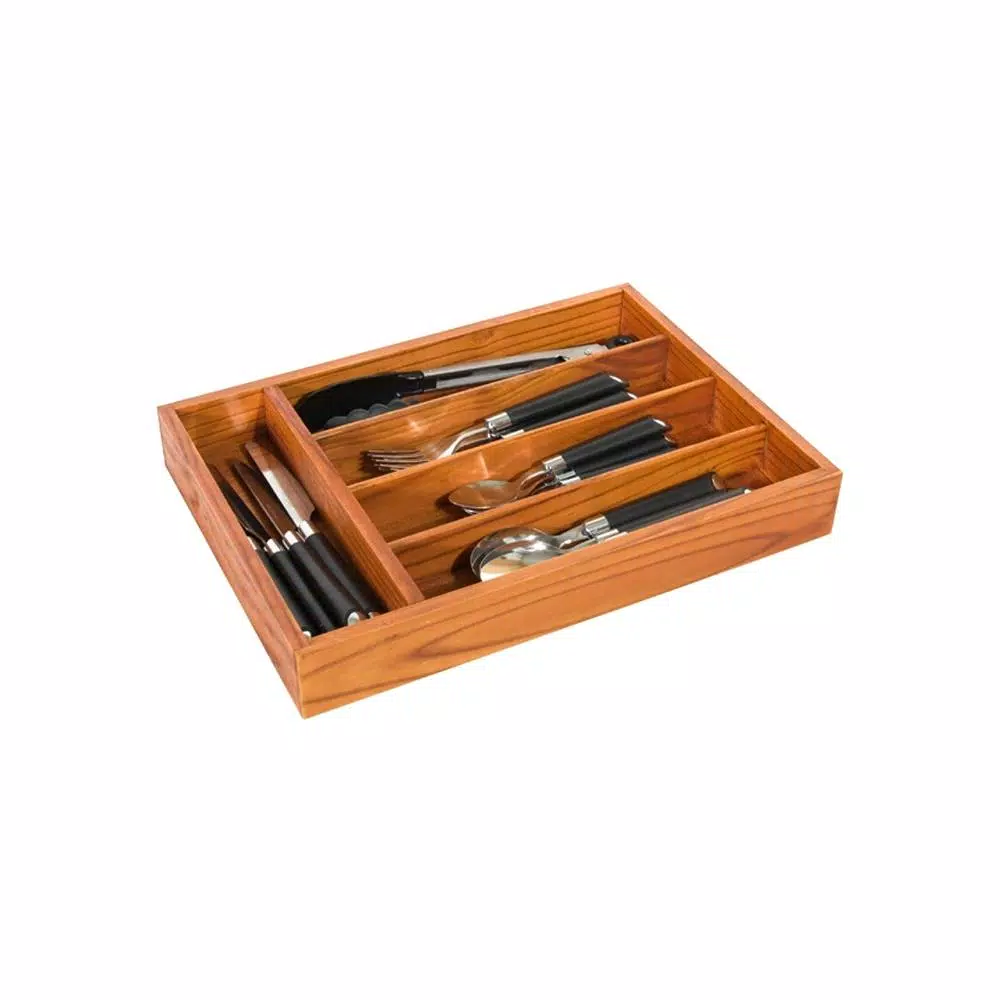 Home Basics Rustic Pine Wood Cutlery Tray - 5 Compartment Utensil Organizer