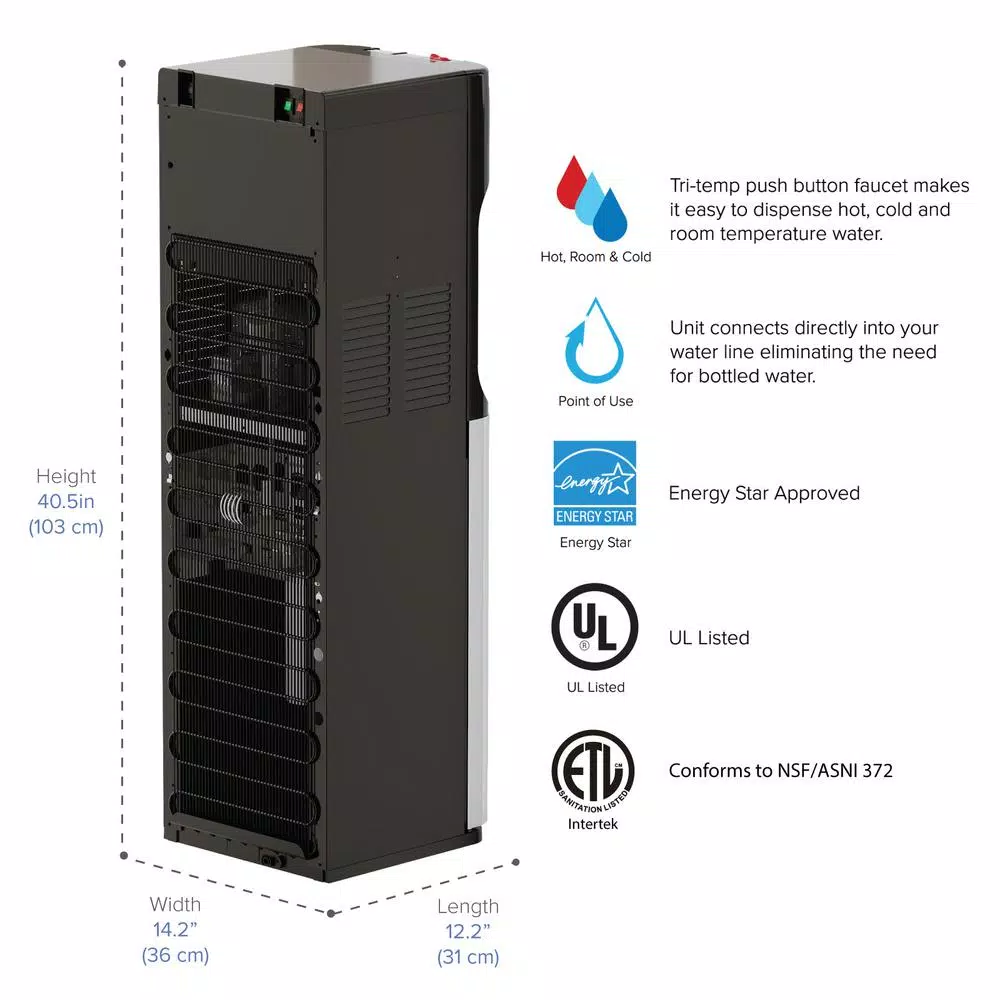 Brio Essential Series Bottleless Water Cooler, Tri-Temp Reverse Osmosis Filtration, Black & Stainless Steel