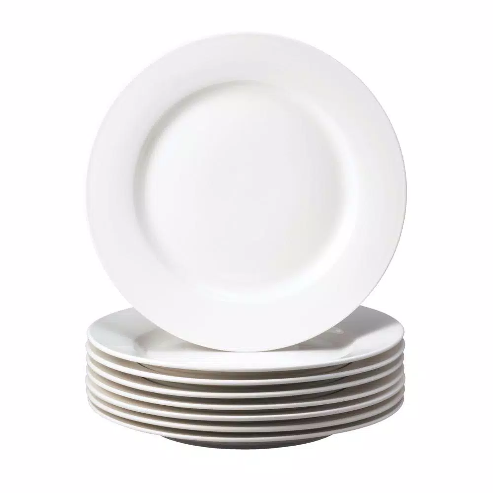 THOMSON POTTERY Basic White Stoneware Dinner Plate Set of 8 - Round Rimmed Plates