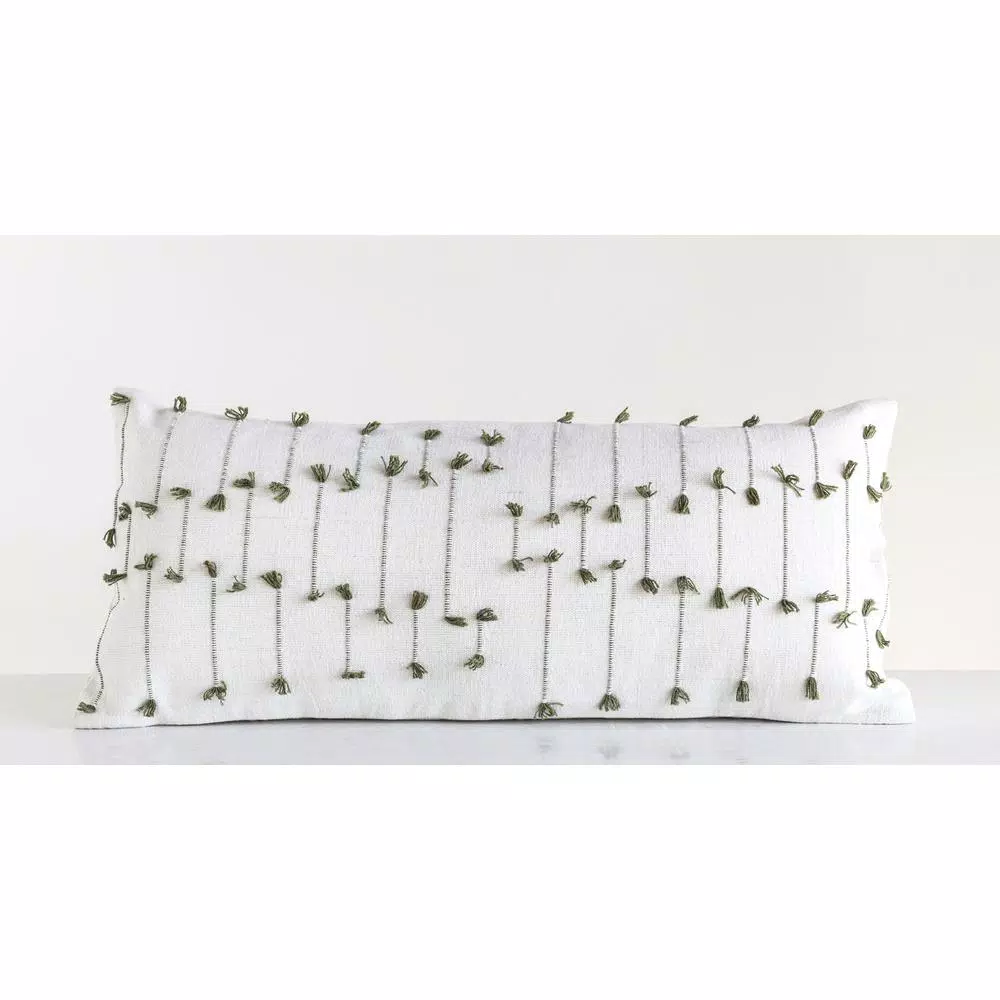 3R Studios White and Green Striped Handwoven Lumbar Throw Pillow, 36 in. x 16 in.