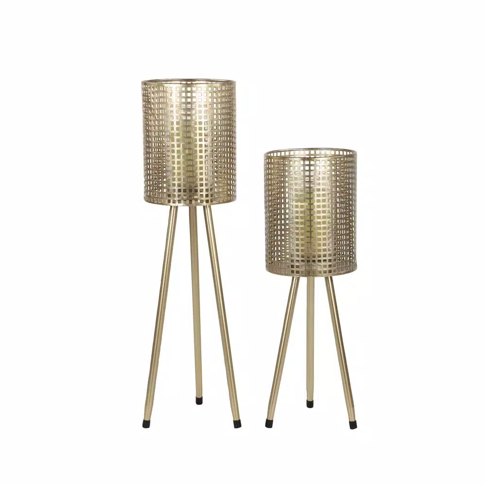 LITTON LANE Gold Mesh Metal Candle Holders on Tripod Bases, Set of 2, Industrial Style Lanterns