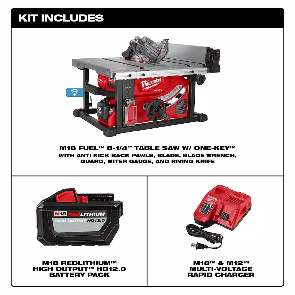 Milwaukee M18 FUEL ONE-KEY 8-1/4 in. Cordless Table Saw Kit with 12.0Ah Battery and Stand