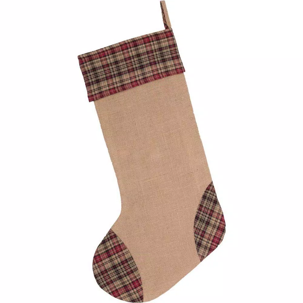 VHC Brands 20 in. Clement Natural Tan Rustic Christmas Star Stocking - Cotton and Jute Plaid Decor