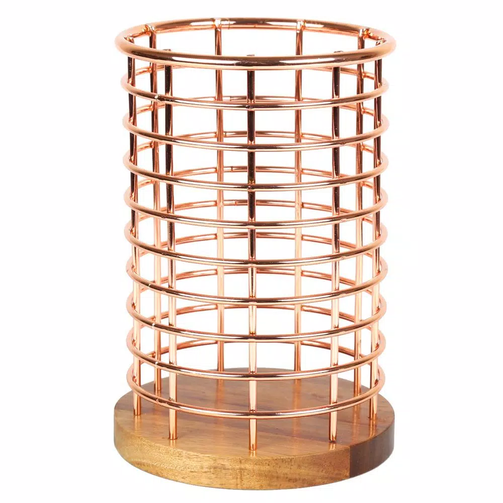 Creative Home Acacia Wood and Copper Iron Wire Utensil Tool Holder Crock