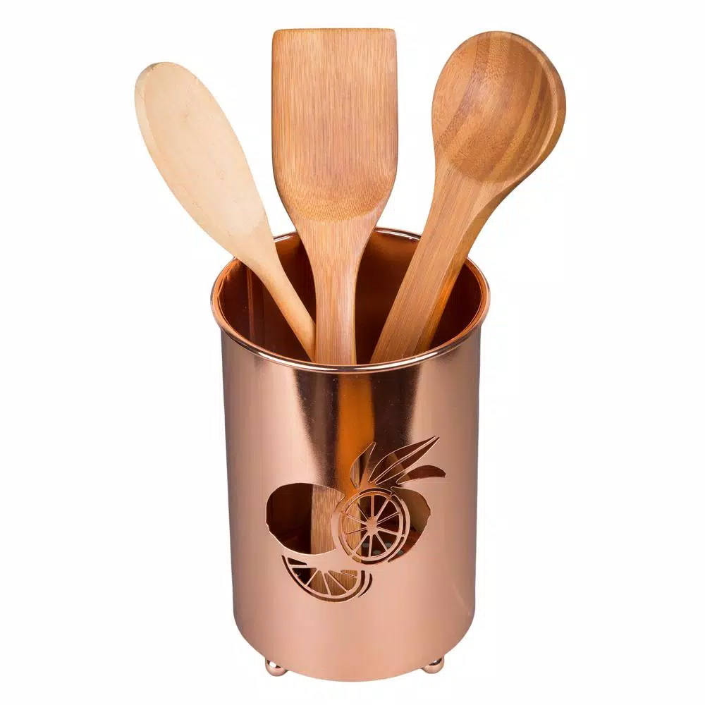 Creative Home Copper Plated Metal Utensil Holder with Laser Cut Lemon Motif Kitchen Tool Crock