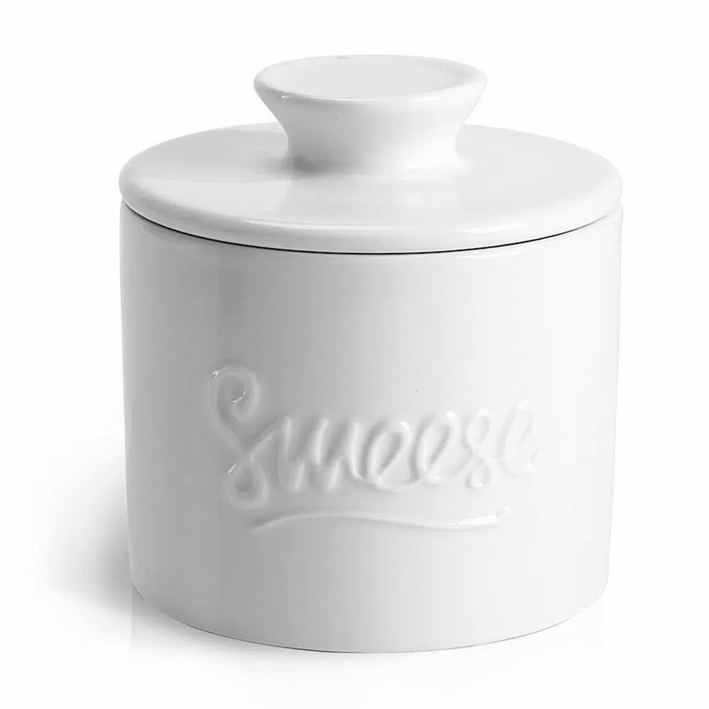 Sweese White Porcelain French Butter Crock, 6 oz. Butter Dish for Soft Spreadable Butter