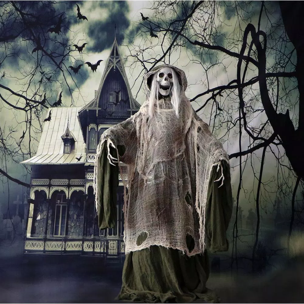 Haunted Hill Farm 5 ft. Animatronic Moaning Skeleton Halloween Prop with Green Cloak