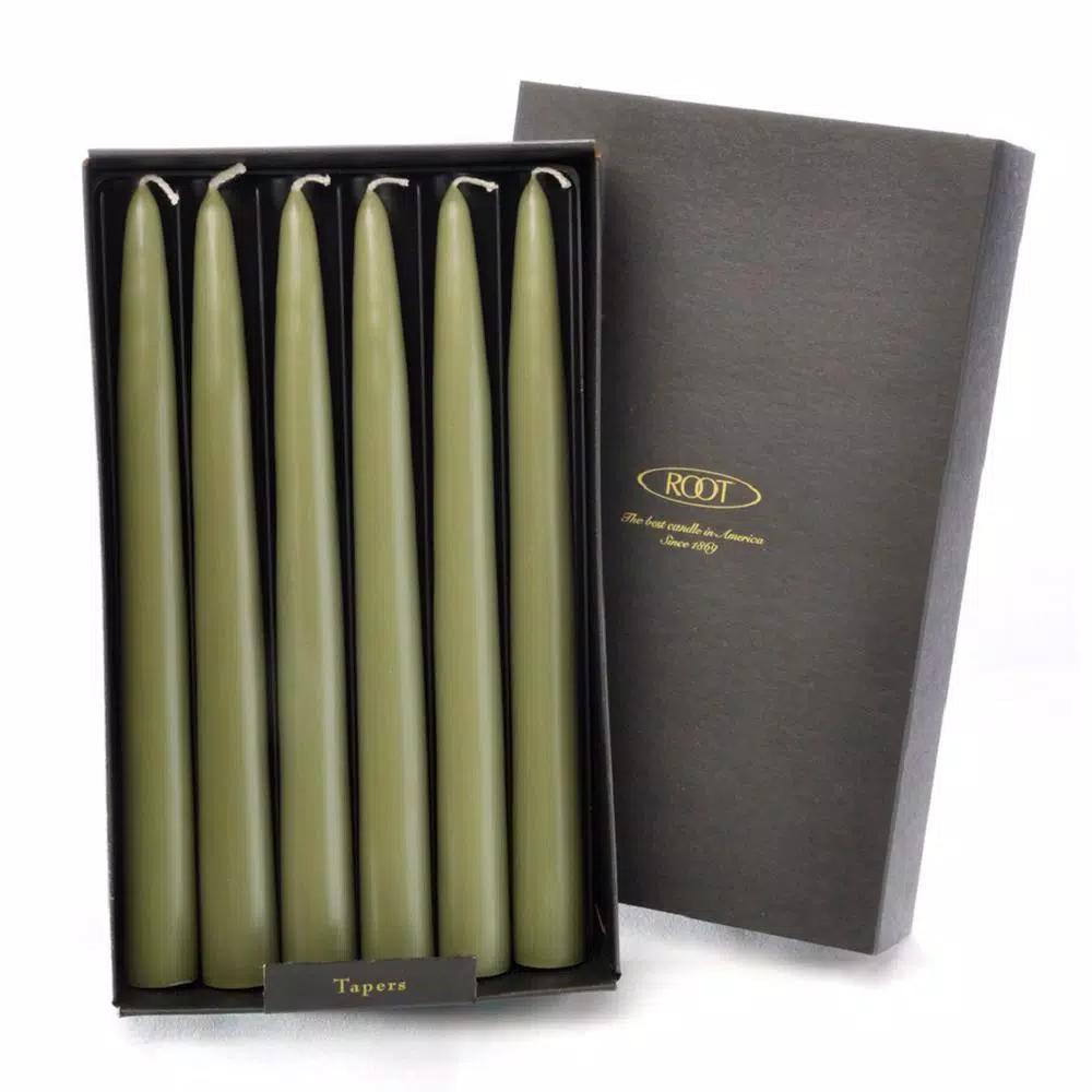 ROOT CANDLES A.I. Root 9 in. Dipped Taper Dark Olive Dinner Candles, Beeswax Enriched, Box of 12