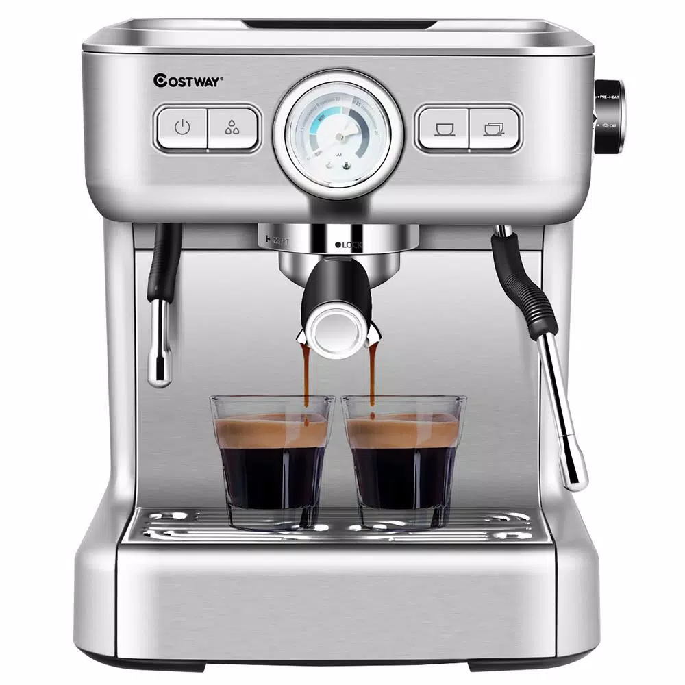 Costway Stainless Steel Semi-Auto Espresso Machine with Milk Frother Wand, 1500W Coffee Maker