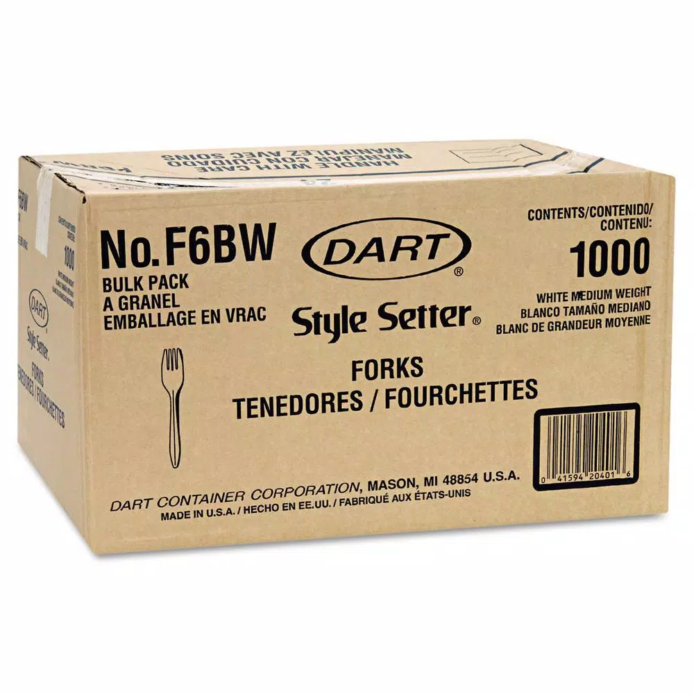 DART Mediumweight White Polypropylene Disposable Forks, 1000 Count Case