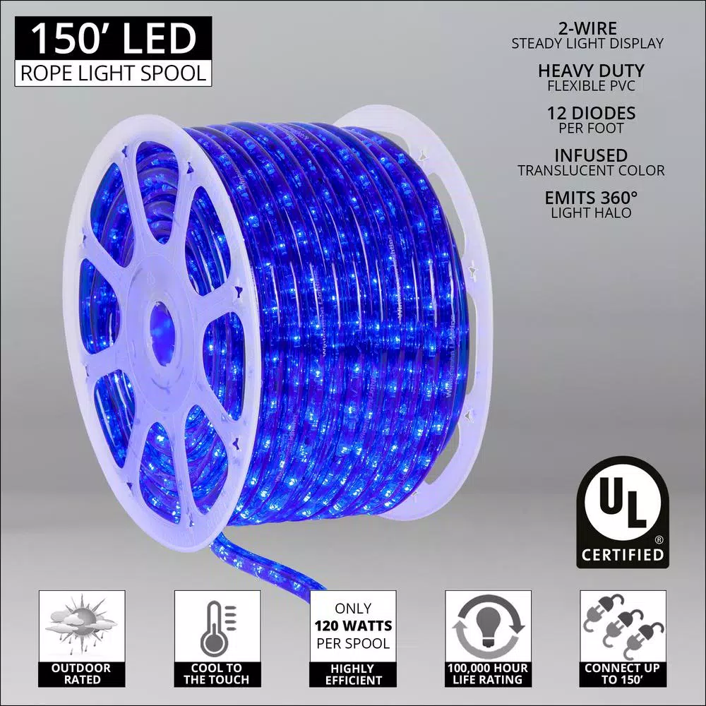 Wintergreen Lighting 150 ft. Blue LED Rope Light Kit, 1800-Light Dimmable & Weather Resistant