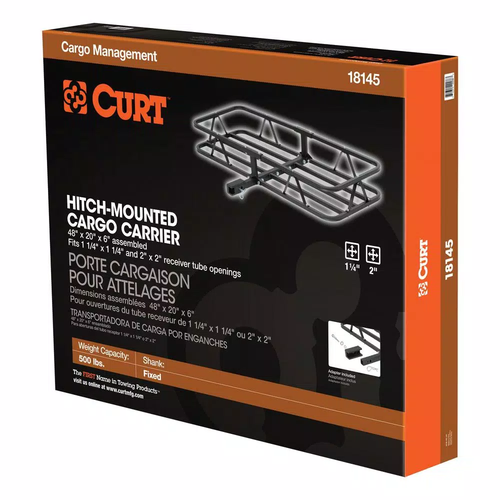 CURT 48 in. x 20 in. Steel Basket Style Hitch Cargo Carrier, 500 lb. Capacity, 2 in. Receiver with Adapter