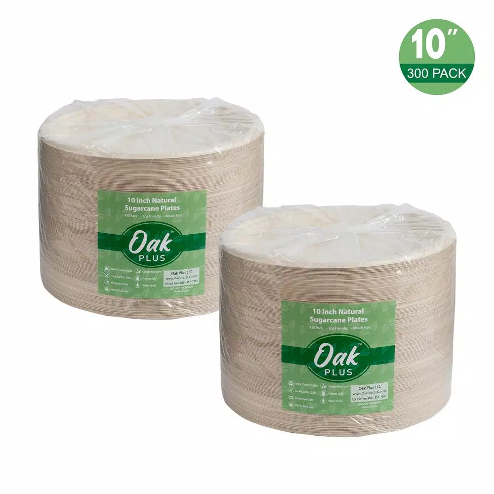 Unbranded 10 in. Natural Sugarcane Plates, Eco-Friendly & Compostable (300 Pack)