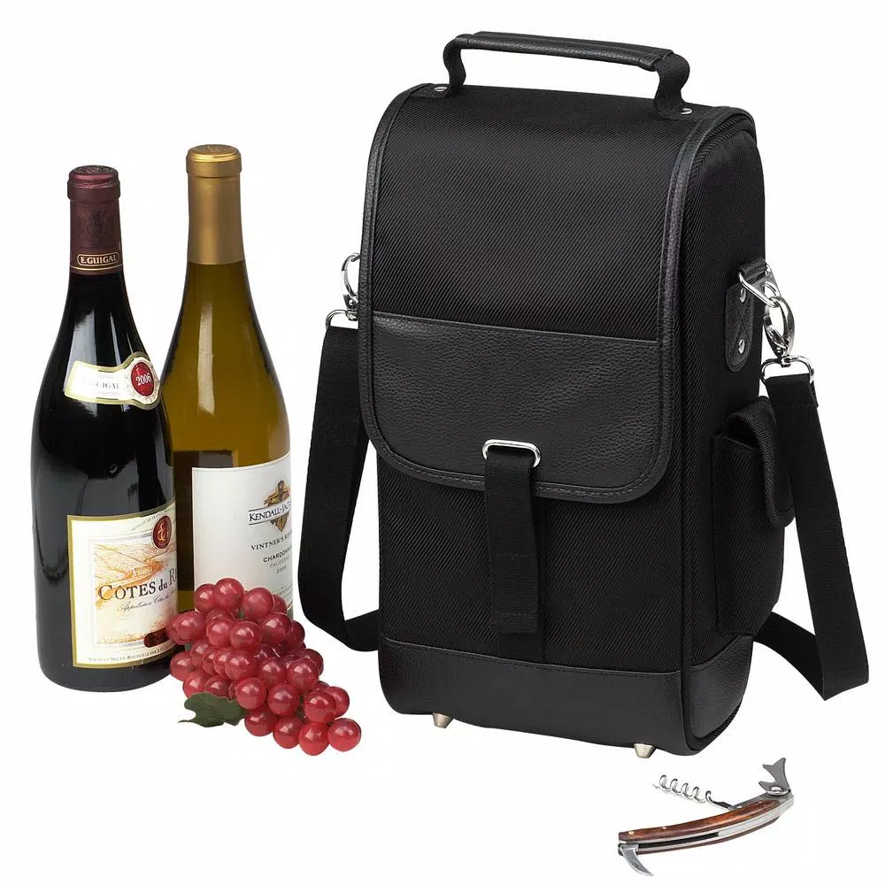 Unbranded NY Black Insulated 2-Bottle Wine Tote Bag with Corkscrew