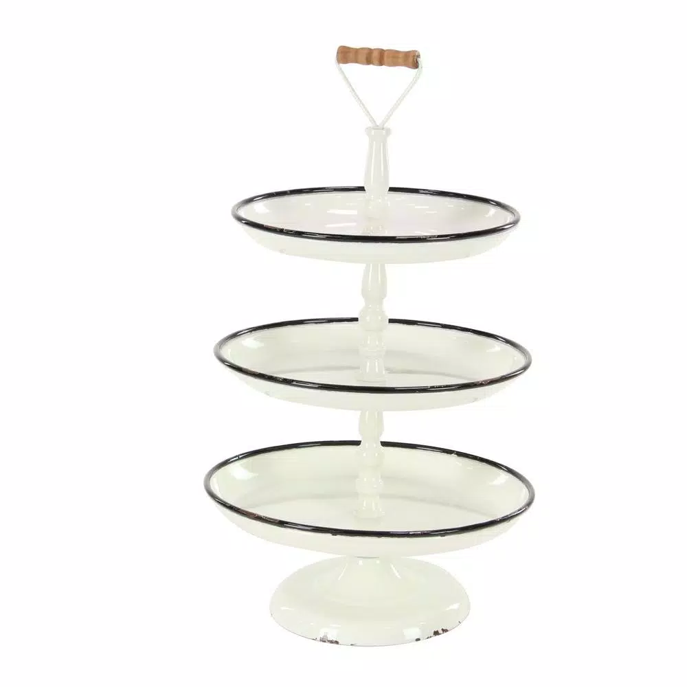 LITTON LANE Rustic Reflections 3-Tier Metal Pedestal Tray, Distressed White with Black Accents
