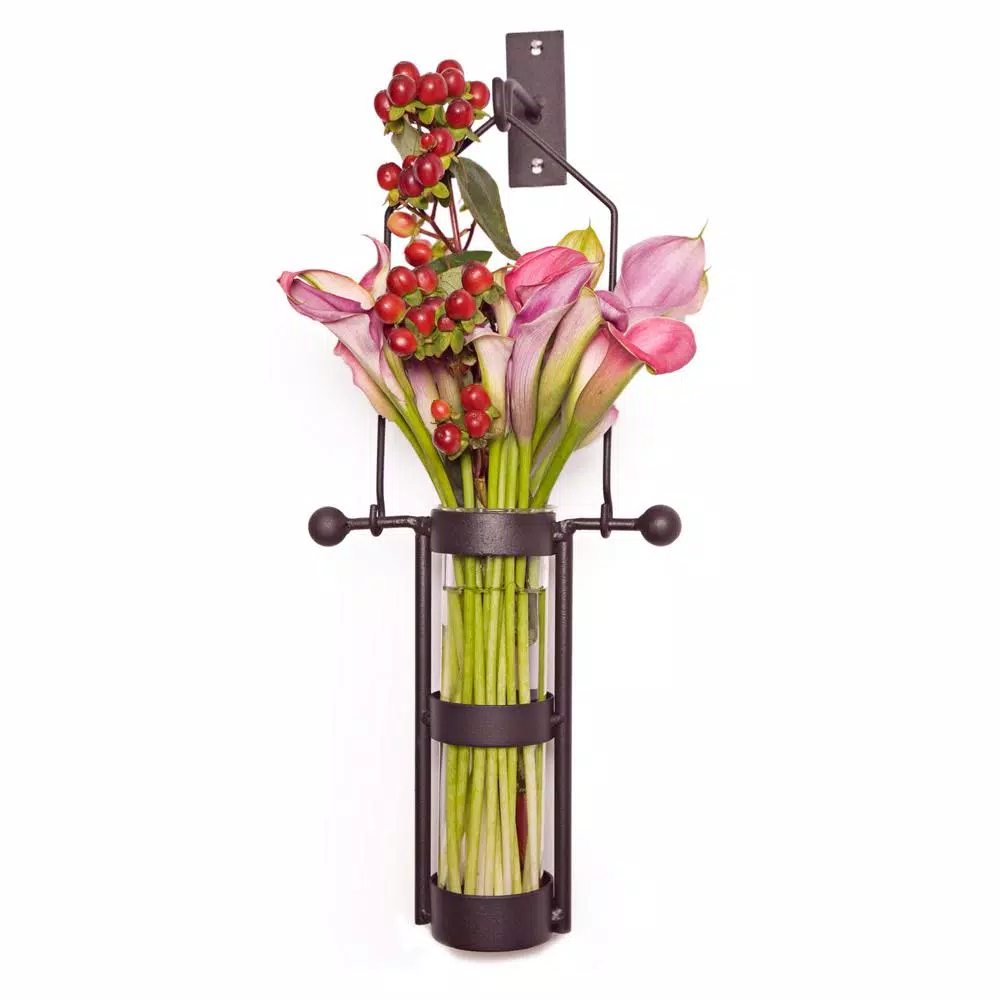 DANYA B Urbanne Rustic Black Metal and Recycled Glass Cylinder Wall Hanging Vases, Set of 2