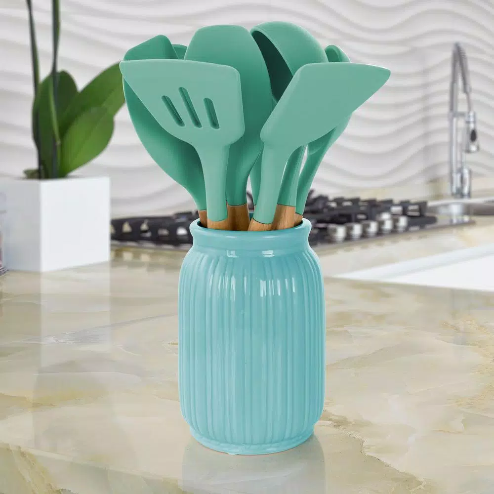 MegaChef 9-Piece Mint Green Silicone and Wood Kitchen Utensil Set with Ceramic Holder