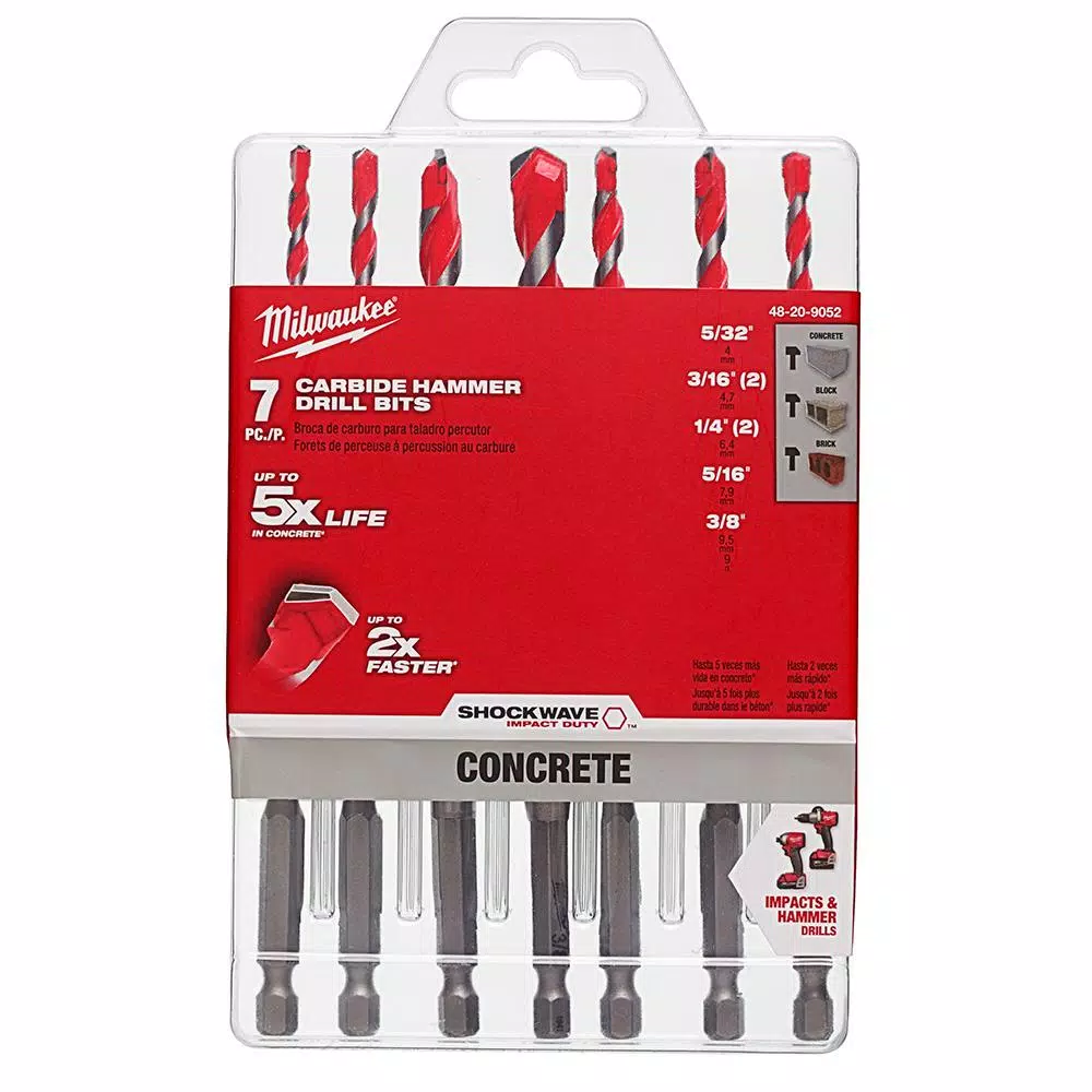 Milwaukee SHOCKWAVE Carbide Hammer Drill Bit Set, 7-Piece Hex Shank Kit