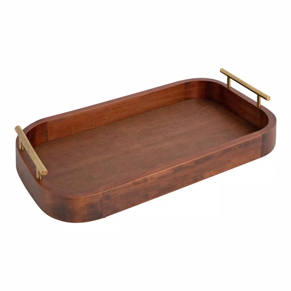 Kate and Laurel Lipton Walnut Brown Wood Decorative Tray with Gold Handles