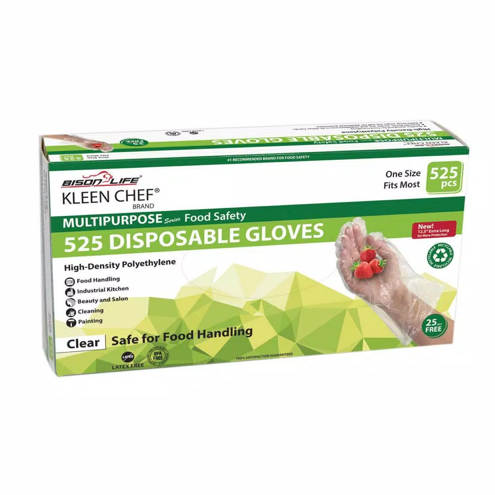 Bison Life KLEEN CHEF Disposable HDPE Food Handling Gloves, Long Cuff, 525 Count