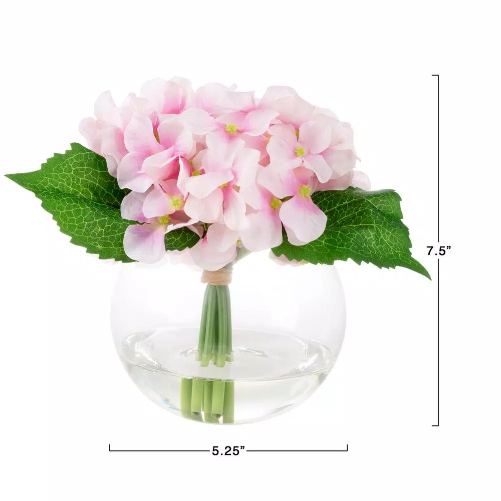 Pure Garden 7.5 in. Pink Hydrangea Artificial Floral Arrangement in Glass Vase