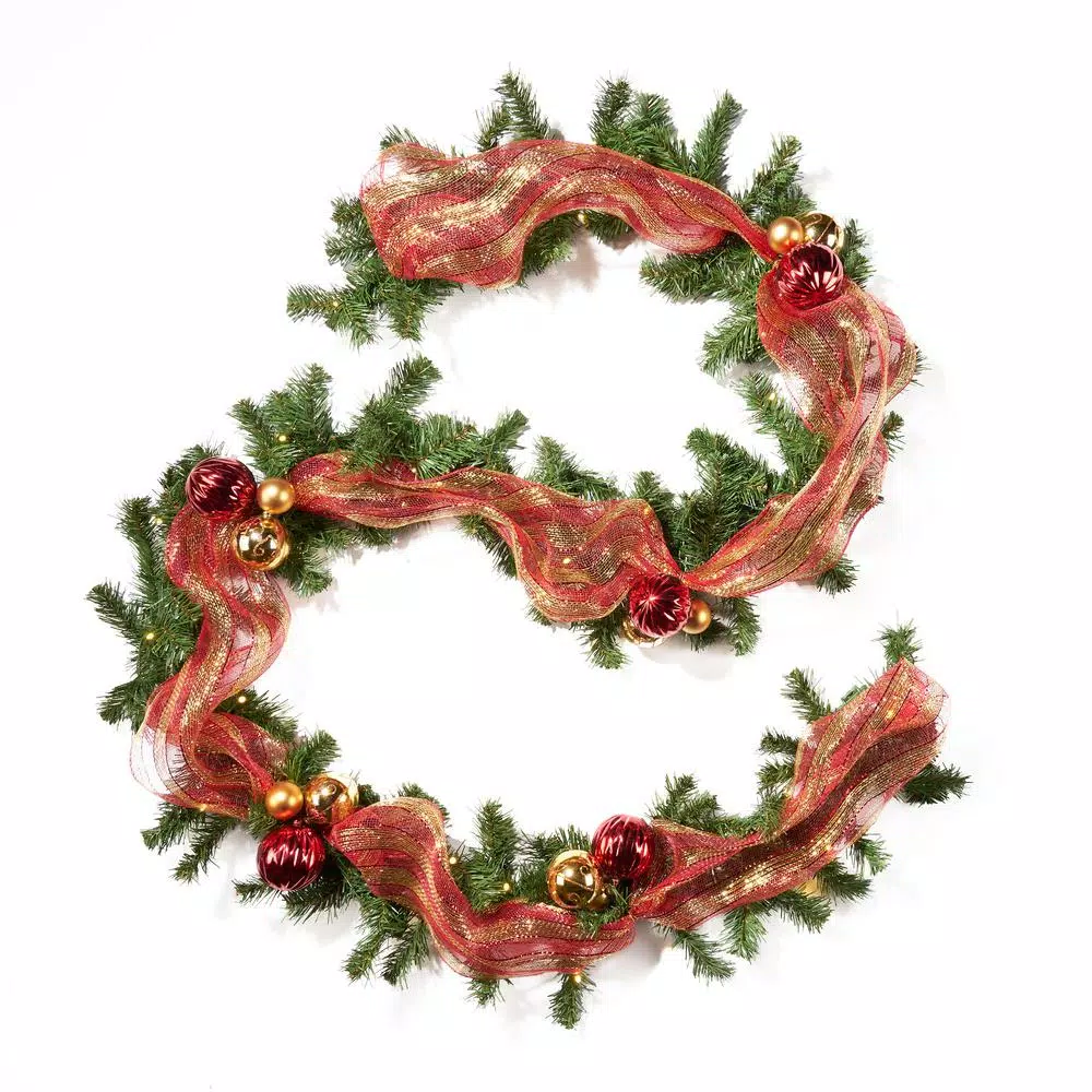 Noble House 9 ft. Pre-Lit Noble Fir Artificial Christmas Garland with Warm White LED Lights, Red and Gold Ornaments