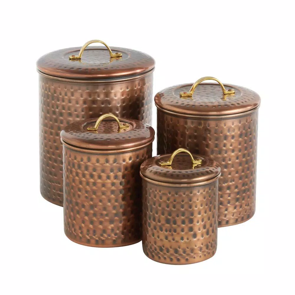 Old Dutch 4-Piece Hammered Antique Copper Canister Set with Fresh Seal Covers
