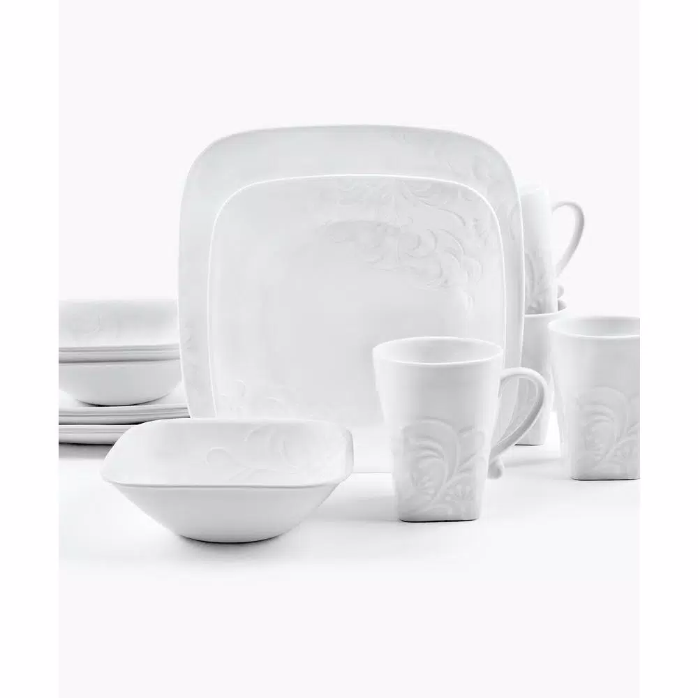 Corelle Boutique 16-Piece Cherish Porcelain Dinnerware Set, White Embossed Floral, Service for 4